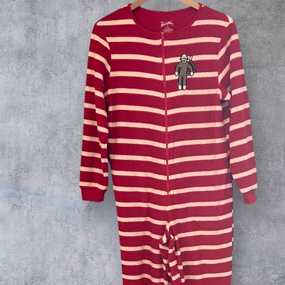 Nick & Nora One Piece Sock Monkey Footie Pajamas Red Stripe Size Small